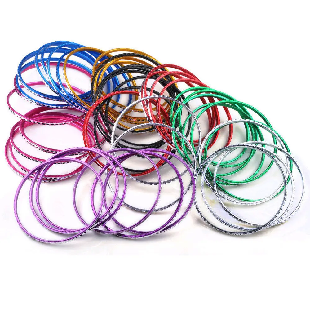

6.5CM 50pcs/lot Chromatic Aluminum Loop Bracelet Indian Dance Thin Colorful Bangle Cuff Carved Charm Bracelets Women Jewelry