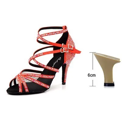 Ladingwu/Женская обувь для танцев; фиолетовые атласные стразы; обувь для латинских танцев; женская обувь для сальсы; Обувь для бальных танцев - Цвет: Red 6cm