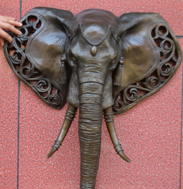 Western Bronze Art Deco Sculpture Long nose elephant head Wall hanging