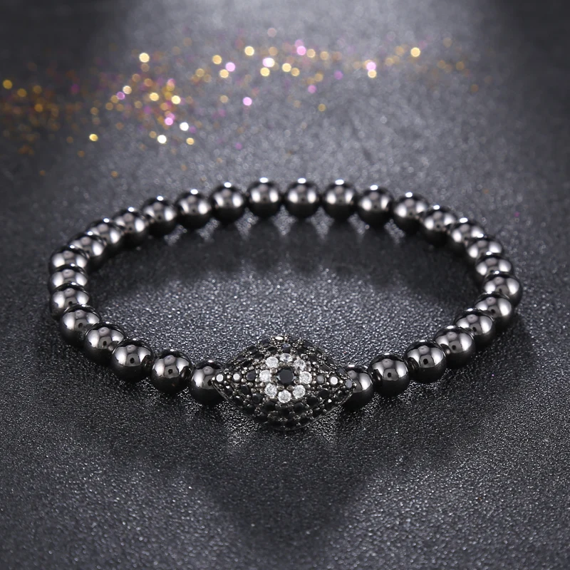 

Fashion Black Bracelets Mens 6mm Beads Bracelet Micro Pave CZ Evil Eyes Elastic Bracelets&Bangles Luxury Men Jewelry Masculina