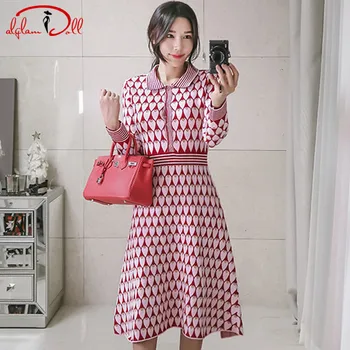 

2020 Winter Long Knitted Sweater Dress Women Casual A-Line Full Sleeve Jacquard Vestidos OL Working Cloth