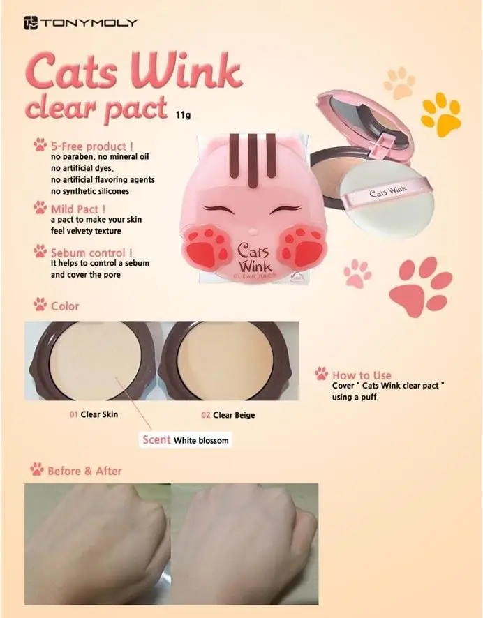 TONY MOLY Cats Wink Clear Pact 11 г натуральная пудра для лица Минеральная основа контроль над маслом Осветляющий отбеливающий консилер макияж