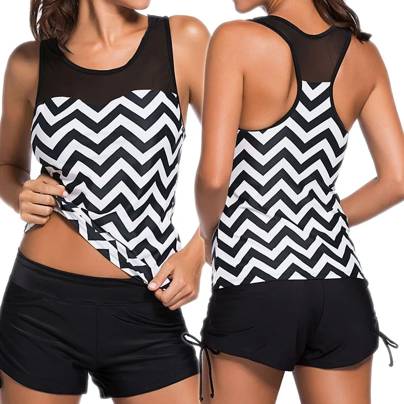 

New Mesh Tankini Swimsuits Women Plus Size Swimsuit 2019 Tankini Set Striped Swimwear Bathing Suit Tankini With Shorts Beachwear