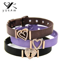 YUKAM черный кофе Нержавеющая сталь сетка браслет набор кристалл любовь двойной замок сердце сетки Хранитель браслеты для женщин ювелирные изделия подарок