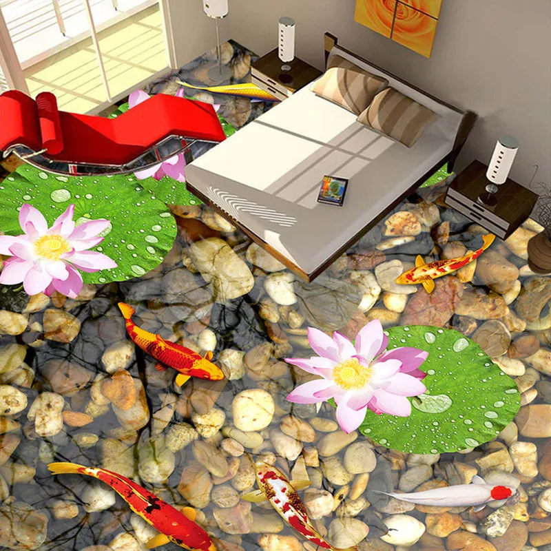 

Free Shipping Custom Floor Wallpaper 3D For Wall Chinese Style Floral Stone Mural Lotus Carp Bedroom Floor Mural Papel De Parede