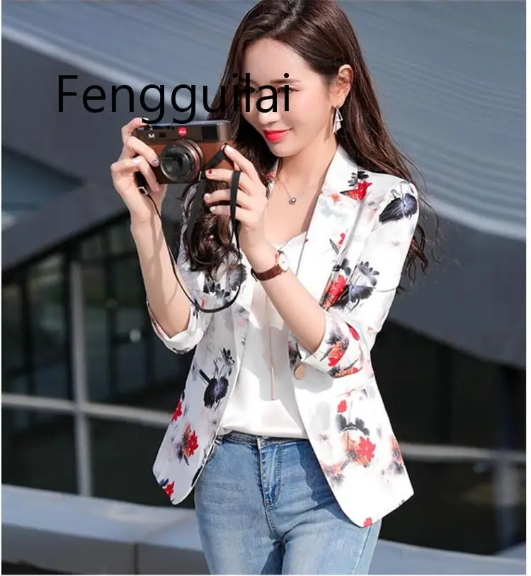 2019 spring and autumn  new print small suit jacket female Korean fashion casual short paragraph seven sleeves small suit