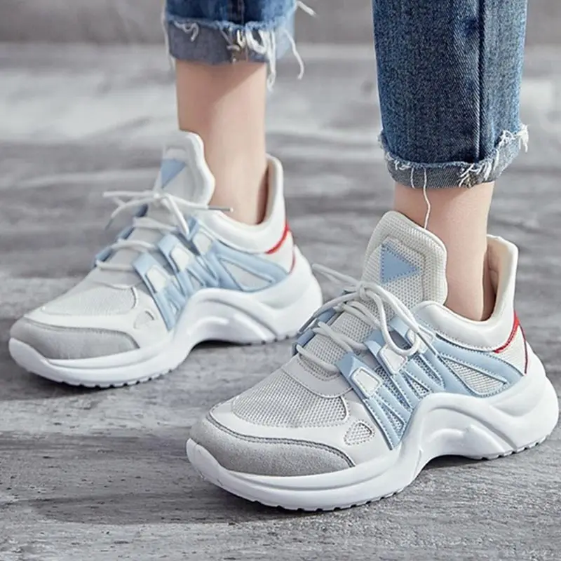 

Women Fashion Sneakers Women Vulcanize Shoes Lace Up Air Mesh Platform White Sneakers Breathable Soft Walking Footwear