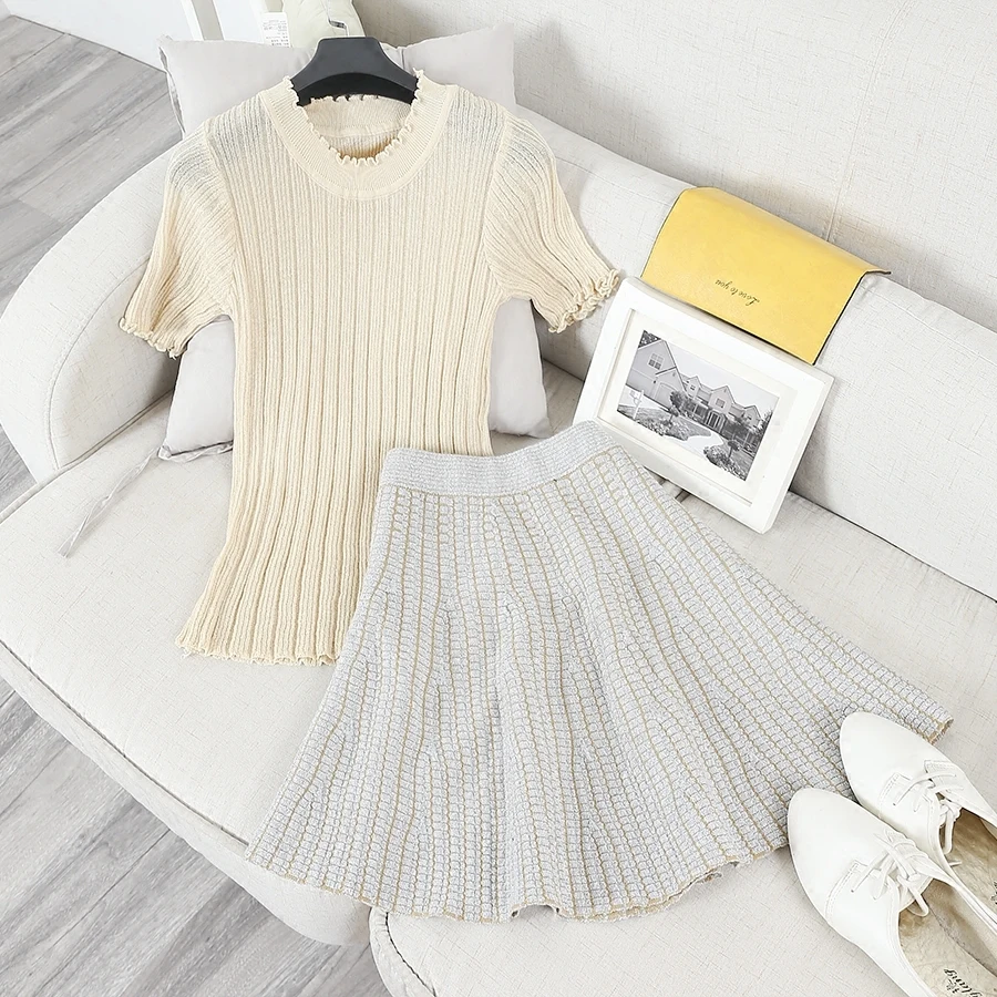 [GUTU] 2017 Verão Primavera de Moda de Nova Branco Preto Gola Redonda Costura Do Laço de Manga Curta Camisa + saia Conjunto mulheres F66800