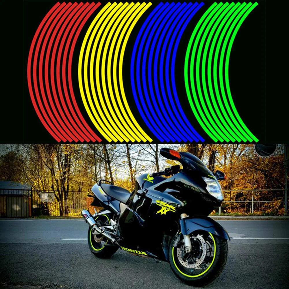

16 Pcs Strips Motorcycle Wheel Sticker Reflective Decals Rim Tape Bike Car Styling For YAMAHA HONDA SUZUKI Harley BMW