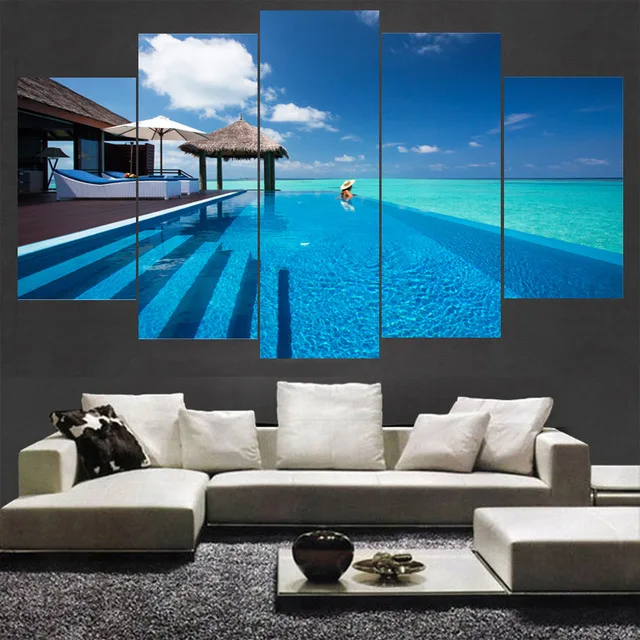 Modern Canvas HD Printed Poster Frame Home Decor For Living Room 5 Pieces Maldives Sea Blue Seascape Painting Wall Art Pictures | Дом и сад