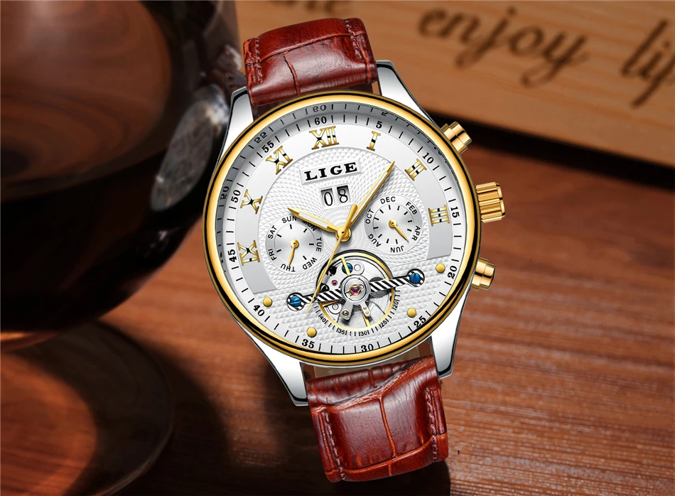 LIGE Fashion Sports Watch Men Business Leather Clock Mens Watches Top Brand Luxury Automatic Mechanical Watch Relogio Masculino