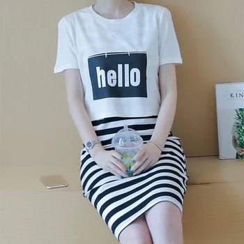 

2pcs/set Women Summer Round Neck Shirts Printed Short Sleeve Loose T-shirt Top Casual Striped Dress Set Fashion Streetwear