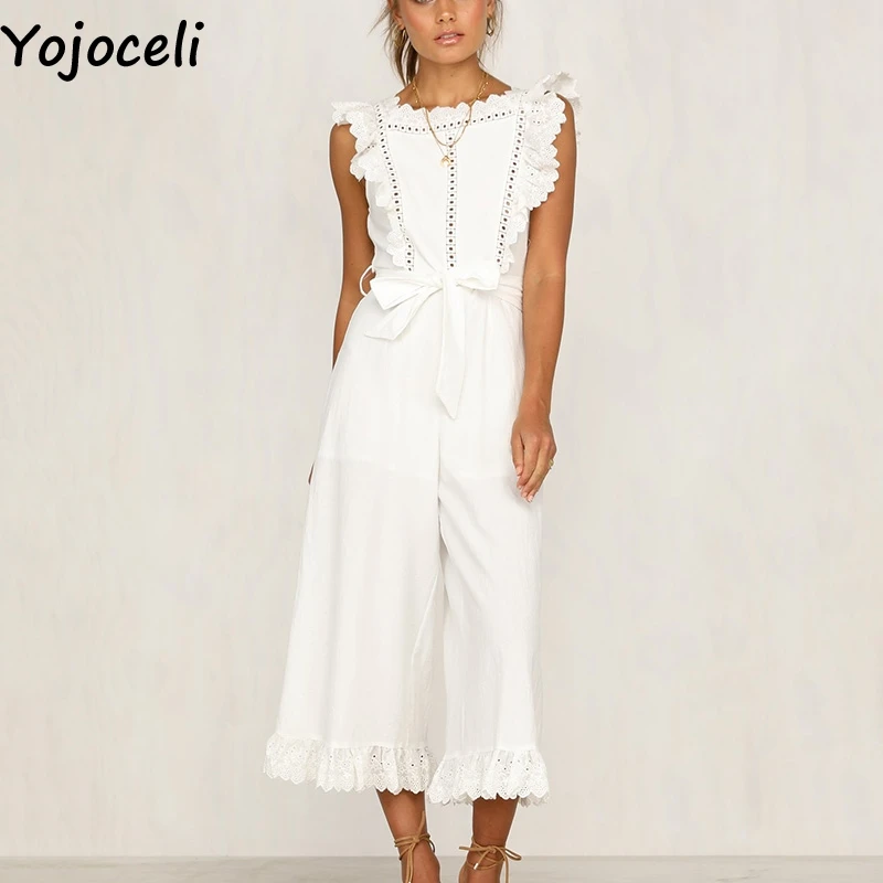Yojoceli Sexy long white white jumpsuit romper Elegant party loose casual jumpsuit women Summer sleevelsss beach rompers