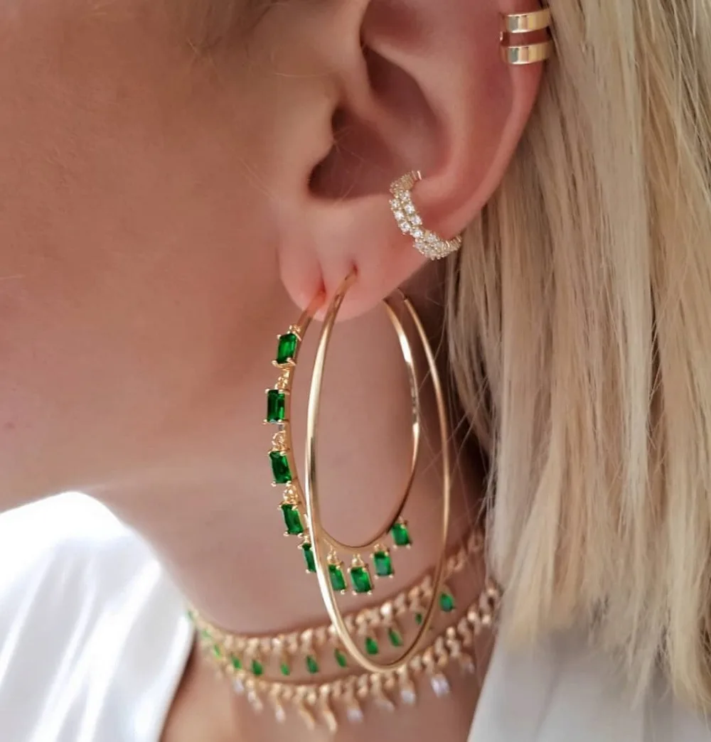 

Big 48-50mm Circle Hoop gold filled with rainbow green cz baguette cz charm Gorgeous women earring