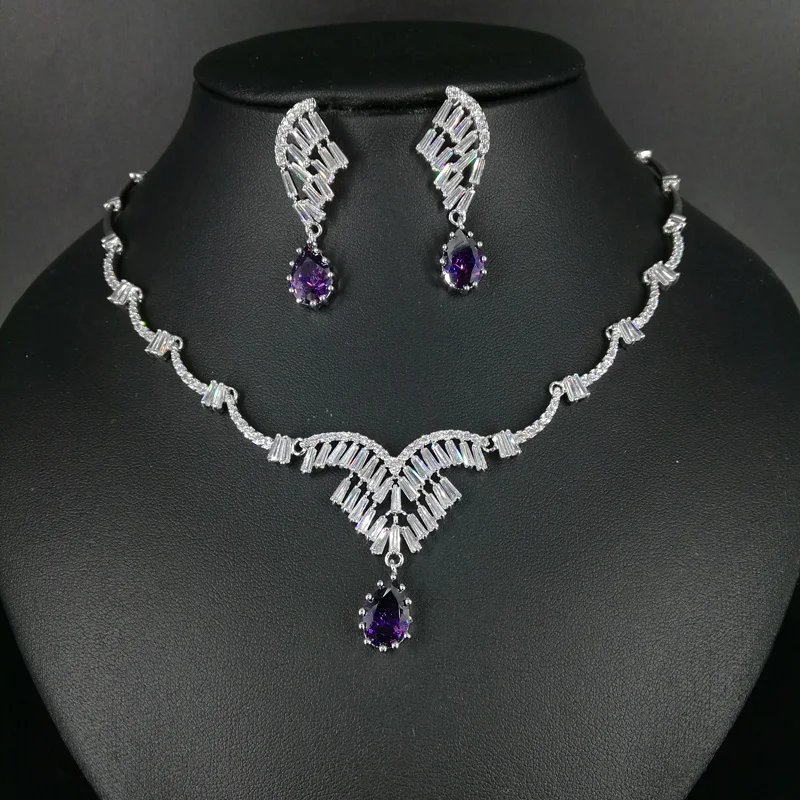 

2019 new fashion purple/green/blue/ water drop necklace earrings jewelry set wedding bride dressing banquet formal jewelry