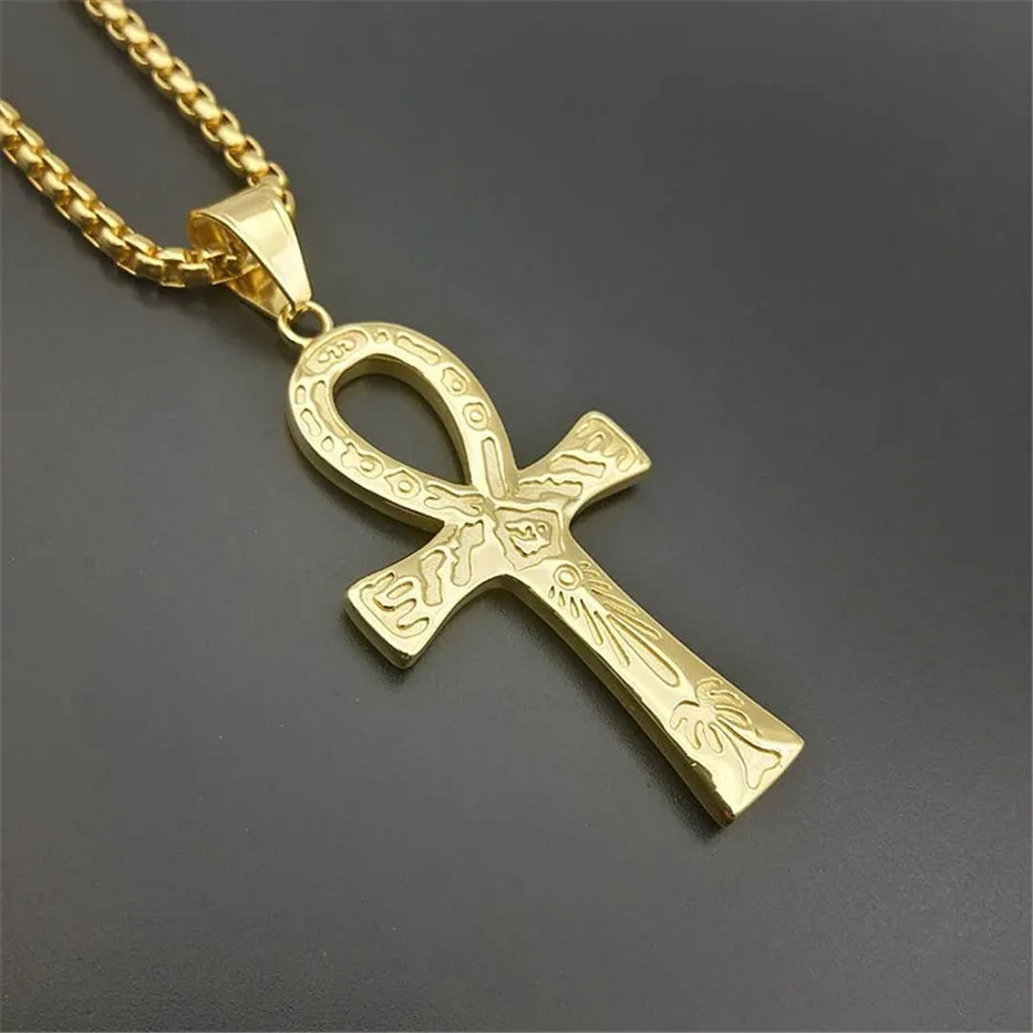 Mystical Egyptian Ankh Cross Pendant Necklace For Men Gold Color Stainless Steel Egypt Hieroglyphs Charms Jewelry