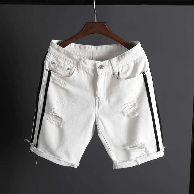 Men's Summer White Short Jeans Holes Denim Shorts Men 100%Cotton Knee Length Casual Jean Shorts Black Denim Shorts