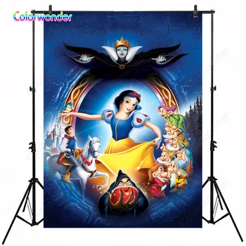 

Princess Theme Photography Background Princess Snow White with Prince Dwarfs 5x7ft Blue Fairy Tale World Backdrops for Birthday