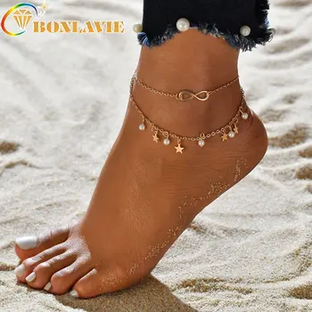 

2018 Gold Color Double Layer Bohemian Ankle Bracelet Chains Anklet Women Star Imitation Pearl Barefoot bracelet bangles Jewelry