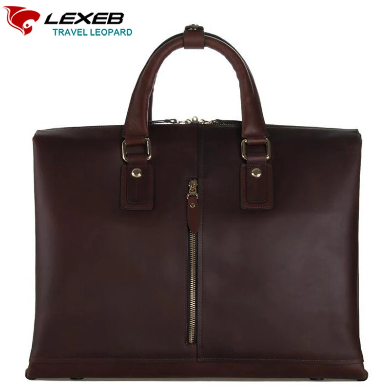 

LEXEB Men's Classic Cowhide Leather Briefcase Men Business Bag Luxury High Quality Men Laptop Bags 15 Cotton Lining Chocolate