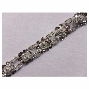 

New Handmade Silver Sequined Beaded Pearled Lace Ribbon Trimmings Dance Dress Costume Garment Decorating 2yds/lot TBT52D