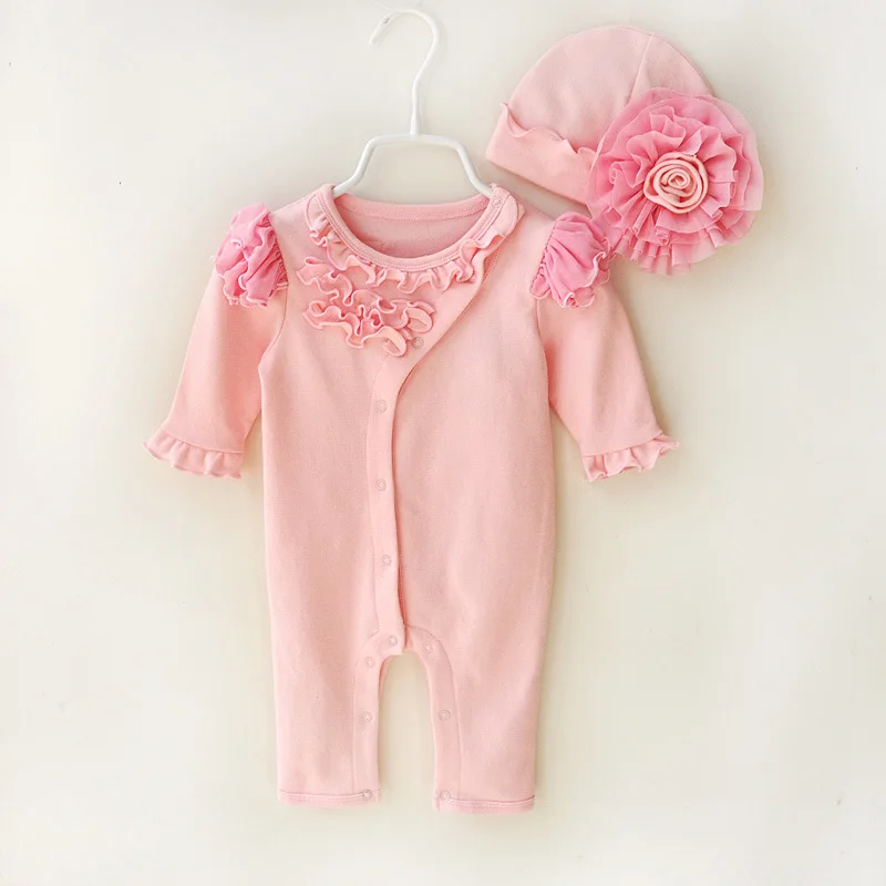 Комплекты одежды для новорожденных; одежда для маленьких девочек; детское платье на день рождения; кружевные комбинезоны с цветочным принтом для девочек+ шапки; Детский комбинезон принцессы; подарки - Цвет: Розовый