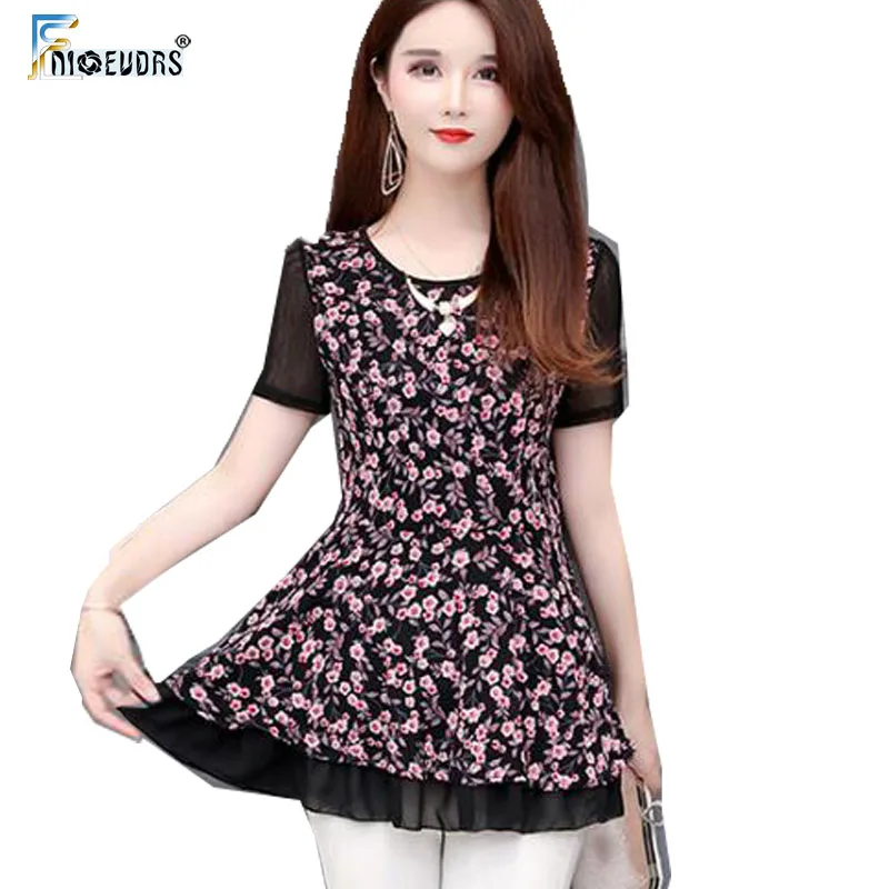 

Chiffon Blouses Shirts 5XL 4XL Woman Office Lady Work Floral Print Peplum Tunic Top Belly Seer Vintage Flower Blouse M030