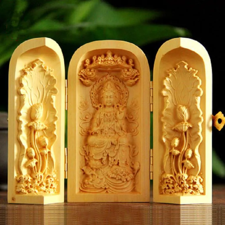 

Huangyang Wood Carving Handpiece with Three Open Box Wood Carving Buddha Statue Guanyin Western Sansheng Crafts