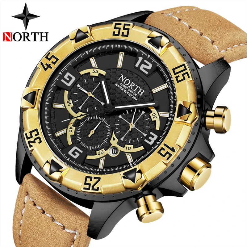 

NORTH Brand Men Watches Casual Leather Analog Gold Watch Men Quartz Chronograph Sport Watches Military Clock Relogio Masculino