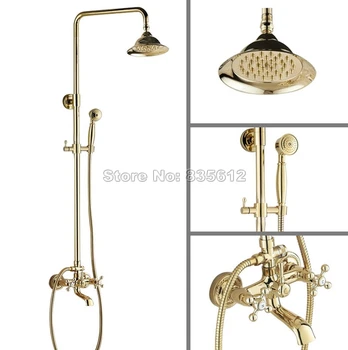 

Bathroom Wall Mounted Gold Color Brass Rain Shower Faucet Set Dual Cross Handles Bathtub Mixer Tap + Handheld Shower Head Wgf347