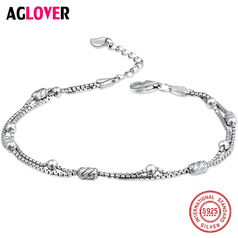 

AGLOVER 100% 925 Sterling Silver Fashion Women's Jewelry Double Chain Beads Bracelet 20cm For Gift Girls Lady Free Shipping