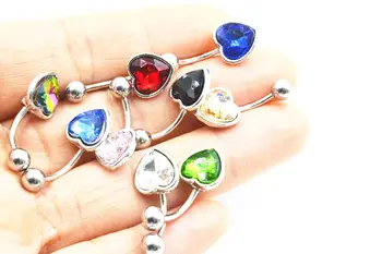 

Free shippment 50pcs Body Jewelry New Crystal Gems Navel Belly Rings Navel Button Bar Piercing Jewelry Mix Color Heart Shape