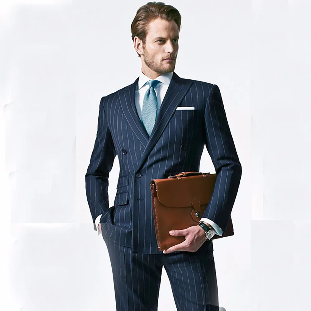 Chalk Stripe Men Suit Custom Made Navy Blue Mens Striped Suit,Tailored Double Breasted Suit With Ticket Pocket