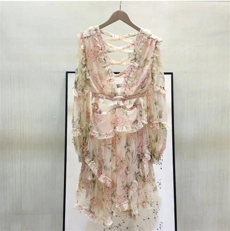 Spring Summer Sexy Chiffon Dress 2019 Long Sleeve Ruffle Red Backless Hollow Out Mini Dress For Women (4)