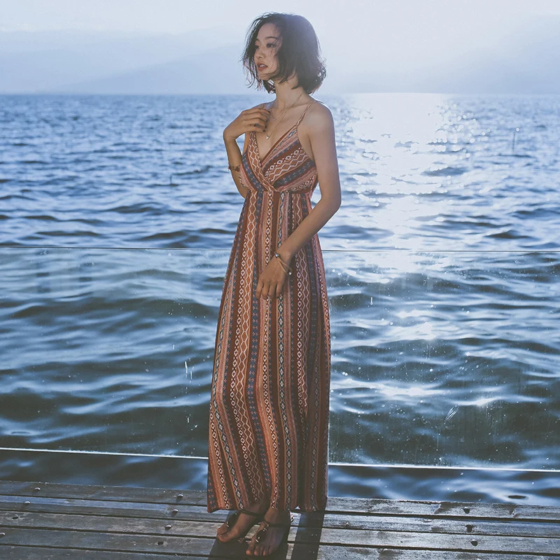

2018 Promotion Limited Beach Dress Seaside Resort Bali Island Skirt Summer Stripes Sling Chiffon Bohemia