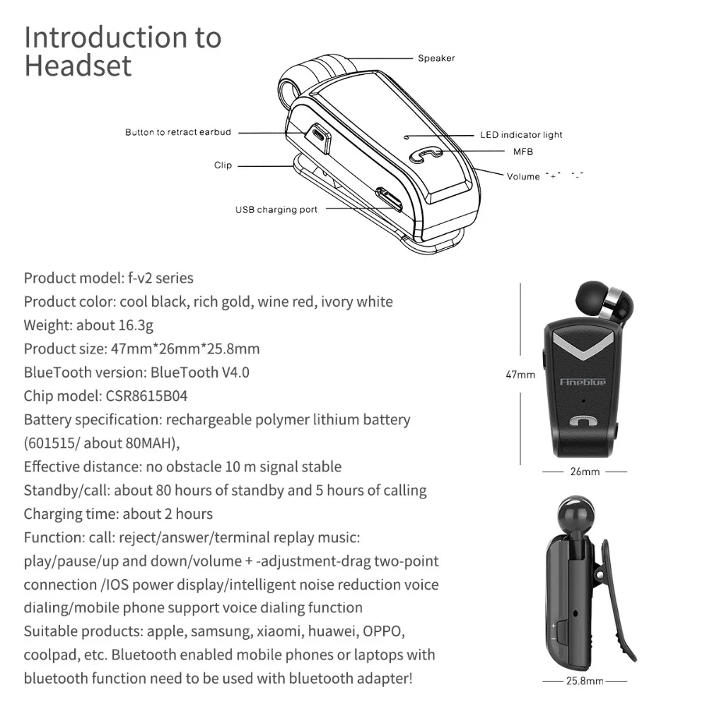 Fineblue F-V2 беспроводной бизнес Bluetooth гарнитура спортивный драйвер Auriculares наушники Телескопический зажим Fone De Ouvido Manos Libres