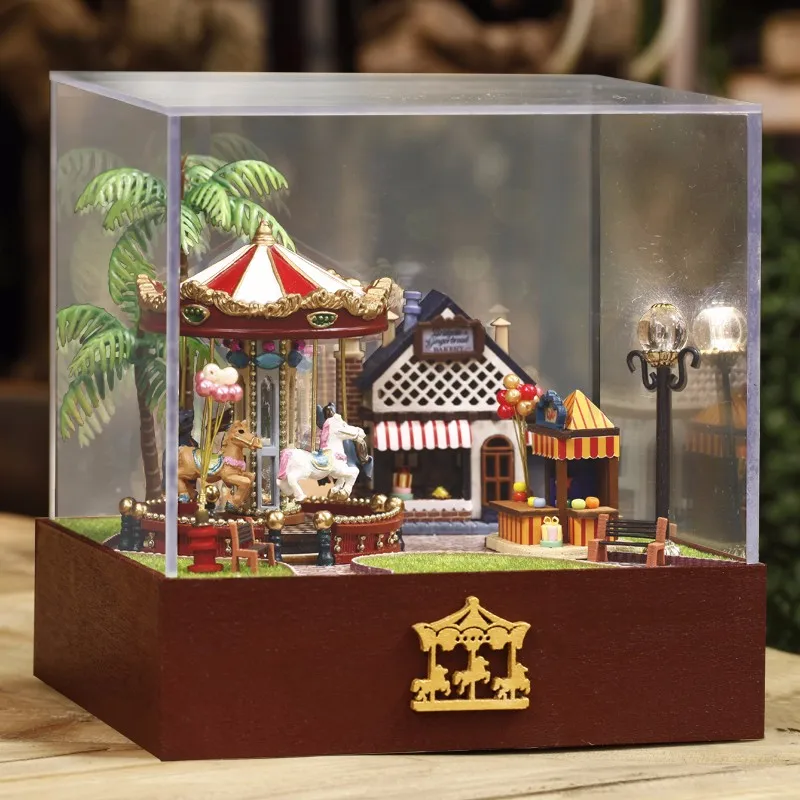 

Dollhouse Miniature Playground Carousel Model DIY KIT Music Box With Light DIY Toys For Children Adult Gift