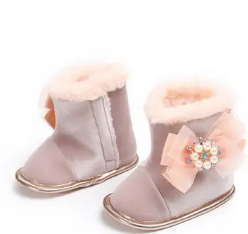 

New Winter Warm Baby Girls Boots Bling Handmade Peral Cute Bow Russia Infants Warm Shoes Faux Fur Girls Baby Booties 0-18M