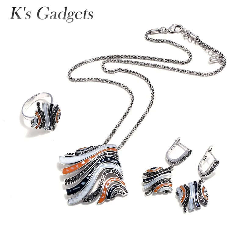 

K'S Gadgets Vintage Silver Color Copper Jewelry Set Multicolor Enamel Zirconia Big Statement Pendant Necklace Earring Ring Set
