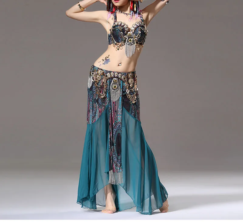

Stage Performance Women Dancewear Tribal Bellydance Outfit Set C/D Cup Coins Bra Skirts Belly Dance Costume 2pcs Bra Skirt
