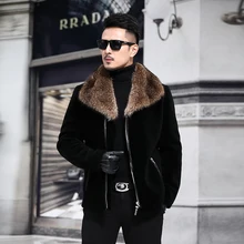 Меховой кожаный меховой костюм, Мужская стрижка овец, Мужская короткая куртка, большой воротник из меха енота P830