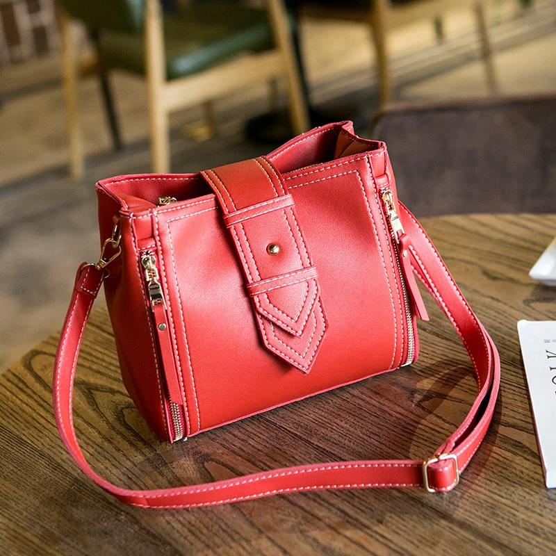 SUNNY SHOP Fashion Ladies Bucket Bag PU Leather Shoulder Bag Small Mini Messenger Bag for Women Bucket Crossbody Bag Zip Design - Цвет: Red shoulder bag