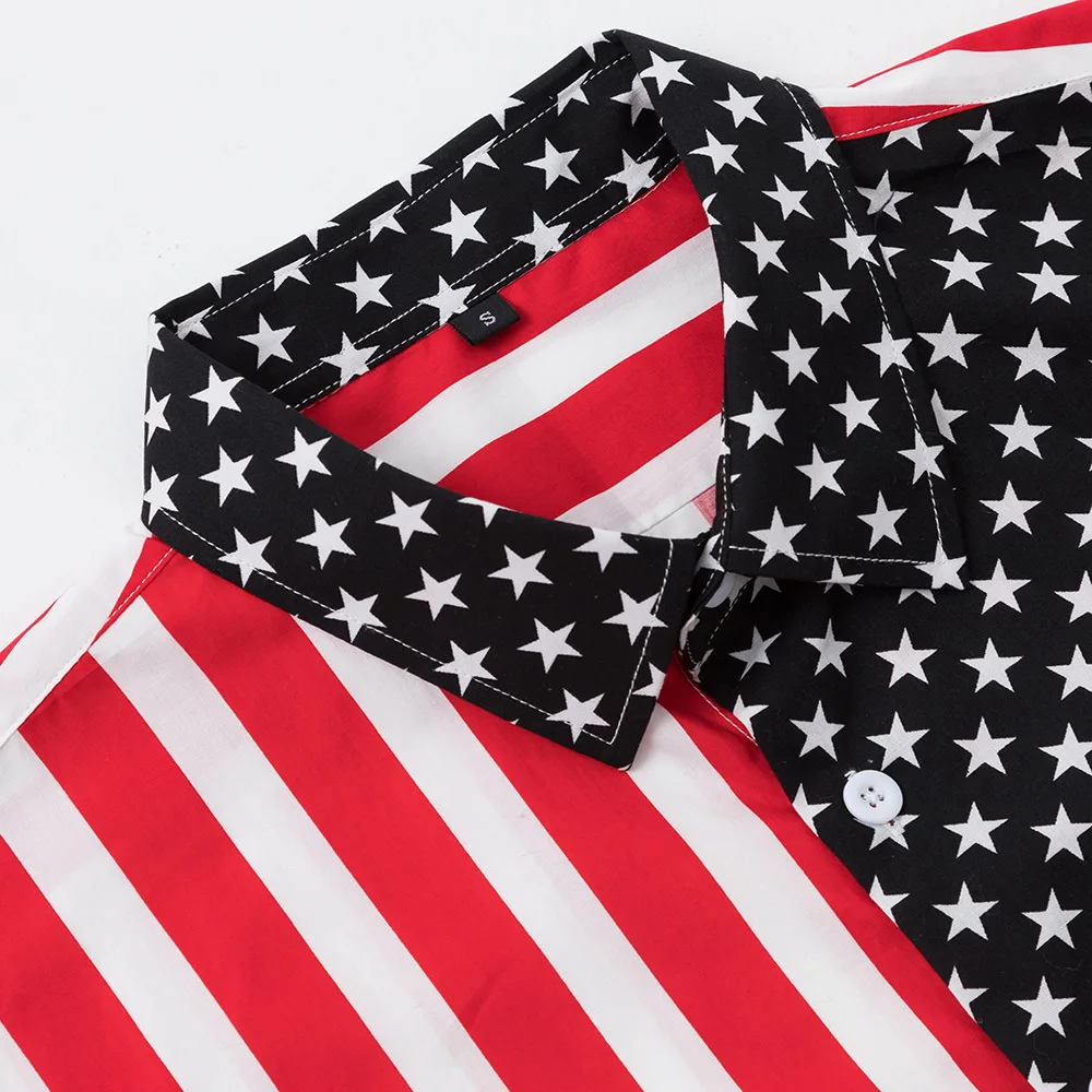Mens USA Flag Printed Slim Fit Short Sleeve Casual Button Down Dress Shirt Tops
