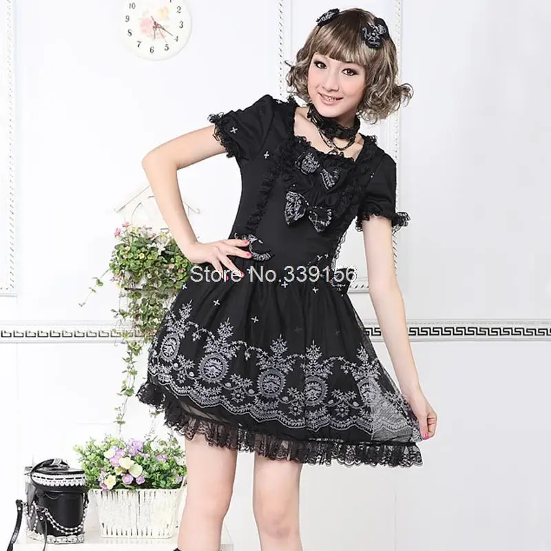 Лидер продаж года черная хлопковая с короткими рукавами Симпатичные панк готический Кружево Лолита платье