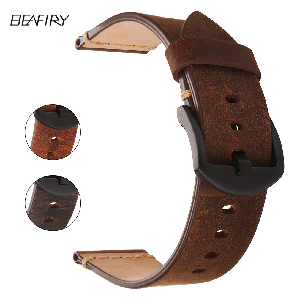 

BEAFIRY Genuine Leather Watch Band 24mm Dark Brown Light Brown Matte Brown Oil tanned Natural Crack Leather Straps