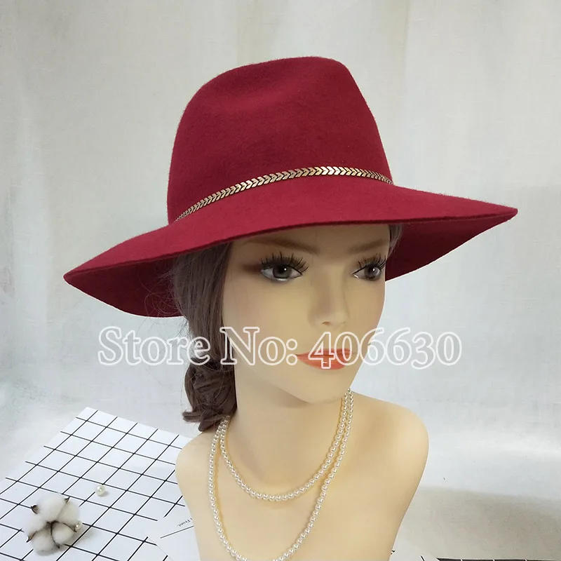 Зимние женские широкие шерстяные фетровые шляпы федоры с золотой цепочкой Chapeu Feminino SDDW083