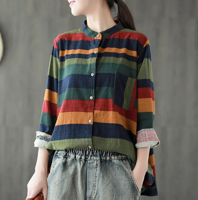 

Women Vintage Tops Autumn Spring 2018 Stripe Cotton Linen Cardigan Contrast Color Long Sleeve Shirt Mori Girl Loose Women Blouse