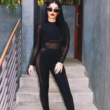 Пикантные открытые женские комбинезон зимний знаменитости взлетно-посадочной полосы бинты черный с длинным рукавом полной длины Bodycon Клуб Боди