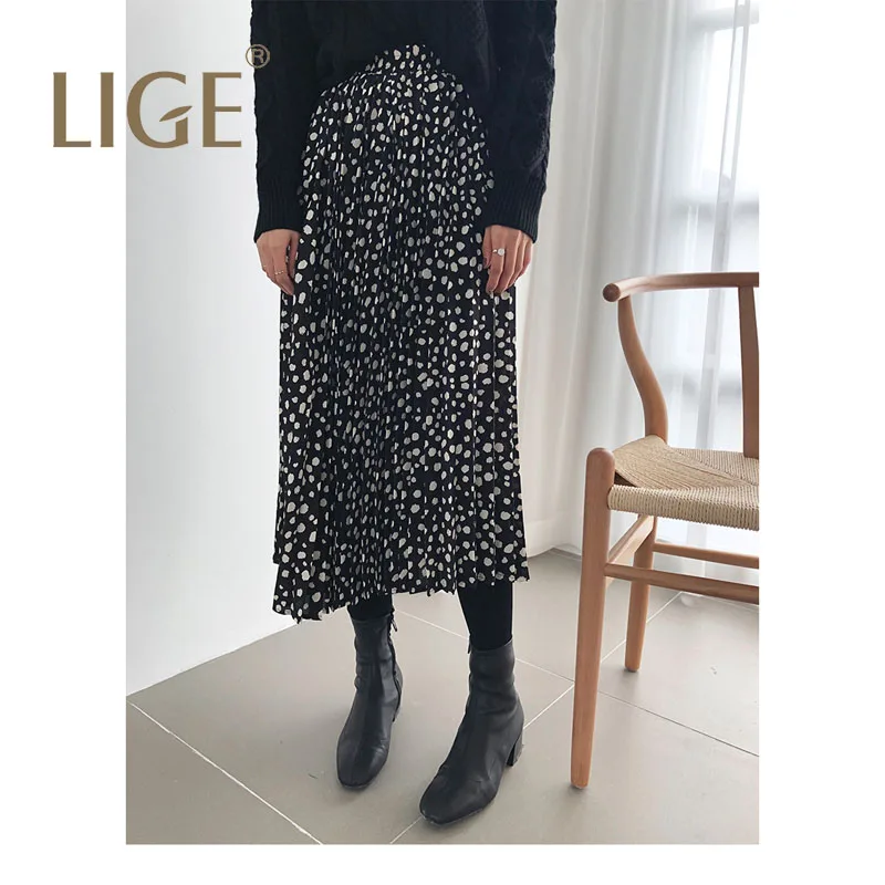 LIGE Высокая талия Волна печати юбка Корейская версия весной и летом новая плиссированная юбка