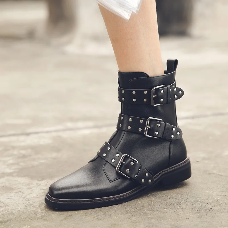 autumn winter boots women round toe rivet punk boots metal studded genuine leather ankle boots women botines luxury botas mujer